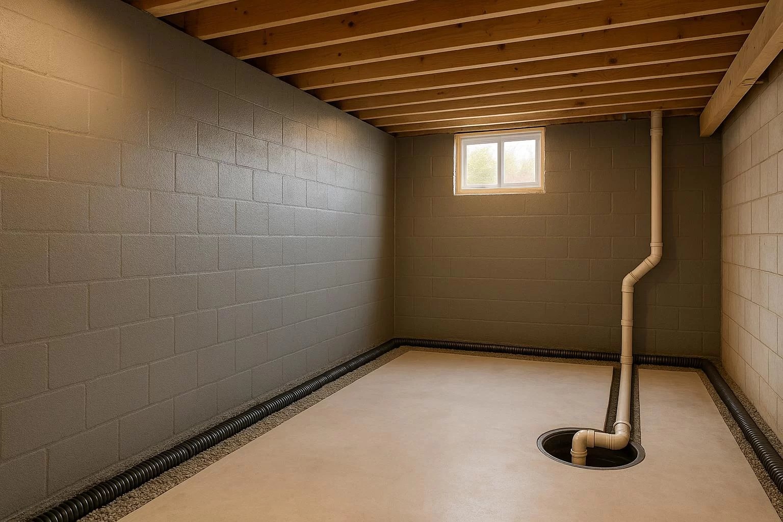 Interior basement waterproofing work
